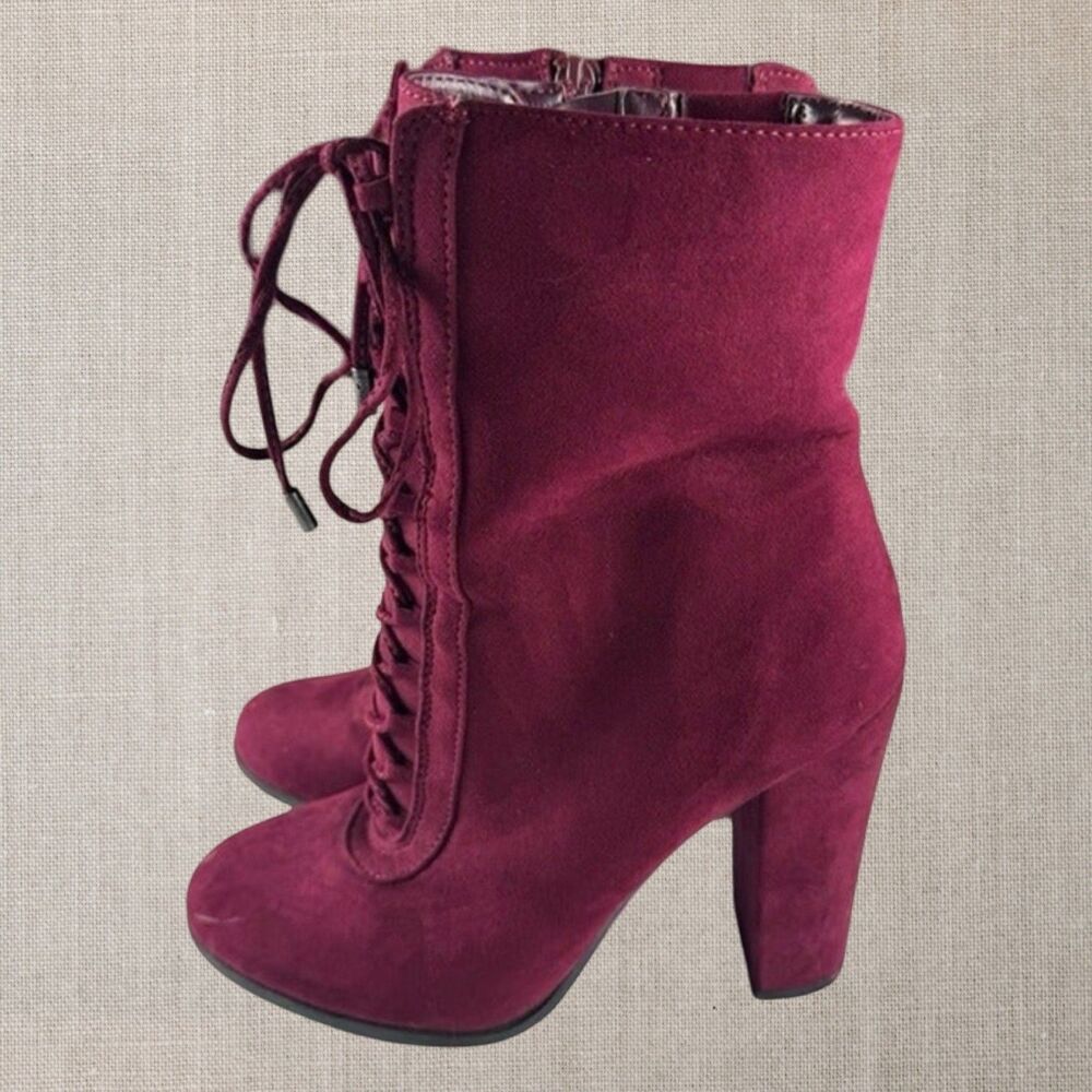 Carlos Santana Malbec Sandra Lace-Up Booties size 9 burgundy red 2” heel suede - Picture 3 of 9